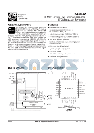 ICS8442 datasheet - 700MHZ, CRYSTAL OSCILLATOR-TO-DIFFERENTIAL LVDS FREQUENCY SYNTHESIZER