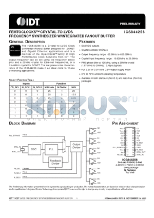 ICS844256 datasheet - FEMTOCLOCKS CRYSTAL-TO-LVDS FREQUENCY SYNTHESIZER W/INTEGRATED FANOUT BUFFER