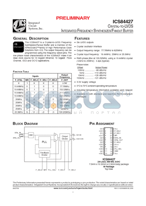 ICS84427 datasheet - CRYSTAL-TO-LVDS INTEGRATED FREQUENCY SYNTHESIZER/FANOUT BUFFER
