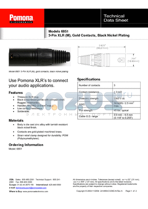 6851 datasheet - 3-Pin XLR (M), Gold Contacts, Black Nickel Plating