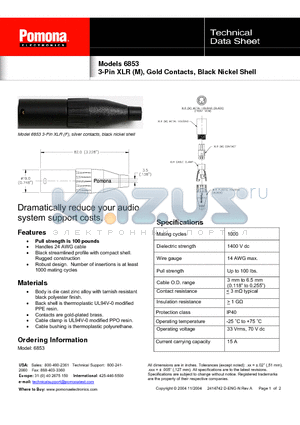 6853 datasheet - 3-Pin XLR (M), Gold Contacts, Black Nickel Shell