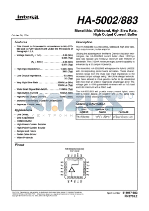 HA4-5002/883 datasheet - Monolithic, Wideband, High Slew Rate, High Output Current Buffer