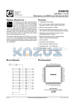ICS8516FYI datasheet - LOW SKEW, 1-TO-16 DIFFERENTIAL-TO-LVDS CLOCK DISTRIBUTION CHIP