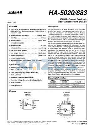 HA4-5020/883 datasheet - 100MHz Current Feedback Video Amplifier with Disable