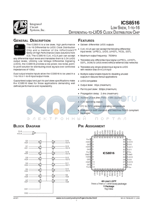 ICS8516FYT datasheet - LOW SKEW, 1-TO-16 DIFFERENTIAL-TO-LVDS CLOCK DISTRIBUTION CHIP