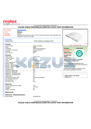 68562-0002 datasheet - Serial Attached SCSI (SAS) 4X-to-4X SATA Internal Host Base Cable Assembly, withSideband, 0.76m (2.50 ) Length