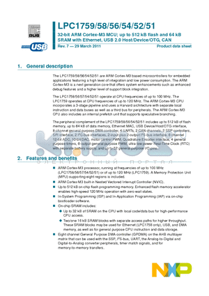 LPC1756FBD80 datasheet - 32-bit ARM Cortex-M3 MCU; up to 512 kB flash and 64 kB SRAM with Ethernet, USB 2.0 Host/Device/OTG, CAN