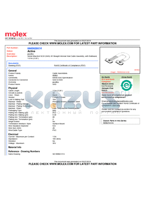 68562-0014 datasheet - Serial Attached SCSI (SAS) 4X Straight Internal Host Cable Assembly, with Sideband1.01m (3.30 )