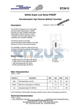 EC2612 datasheet - 40GHz Super Low Noise PHEMT