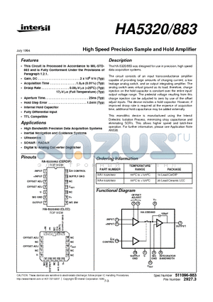 HA4-5320883 datasheet - High Speed Precision Sample and Hold Amplifier