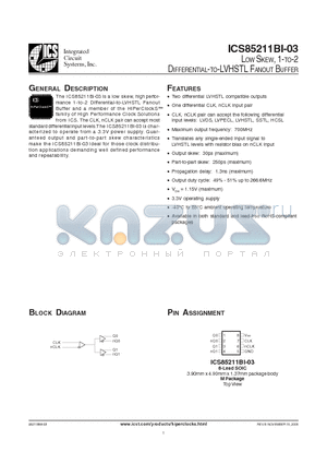 ICS85211BMI-03LN datasheet - LOW SKEW, 1-TO-2 DIFFERENTIAL-TO-LVHSTL FANOUT BUFFER