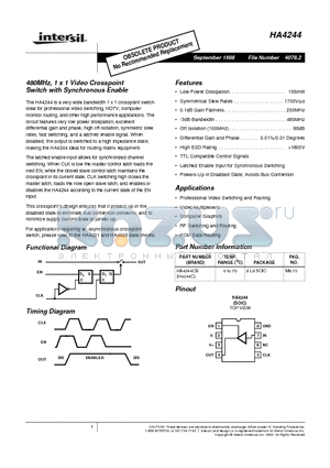 HA4244CB datasheet - 480MHz, 1 x 1 Video Crosspoint Switch with Synchronous Enable