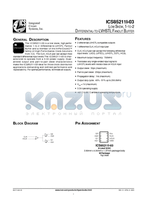 ICS85211I-03 datasheet - LOW SKEW, 1-TO-2 DIFFERENTIAL-TO-LVHSTL FANOUT BUFFER