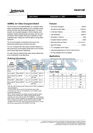 HA4314B datasheet - 400MHz, 4x1 Video Crosspoint Switch