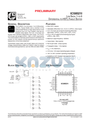 ICS8521BYILFT datasheet - LOW SKEW, 1-TO-9 DIFFERENTIAL-TO-HSTL FANOUT BUFFER