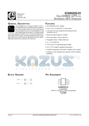 ICS85222-01 datasheet - DUAL LVCMOS / LVTTL-TO DIFFERENTIAL