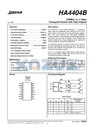 HA4404B datasheet - 330MHz, 4 x 1 Video Crosspoint Switch with Tally Outputs