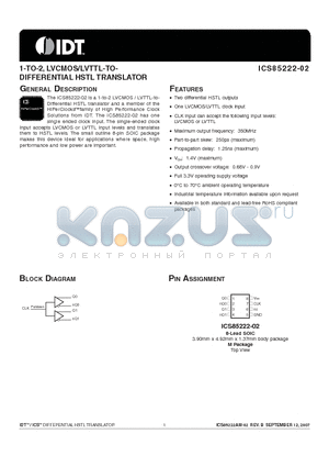 ICS85222AM-02LF datasheet - 1-TO-2, LVCMOS/LVTTL-TODIFFERENTIAL HSTL TRANSLATOR