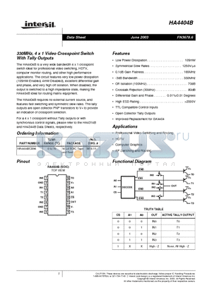 HA4404BCB96 datasheet - 330MHz, 4 x 1 Video Crosspoint Switch with Tally Outputs