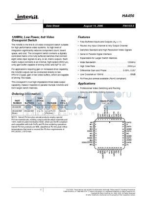 HA456 datasheet - 120MHz, Low Power, 8x8 Video Crosspoint Switch