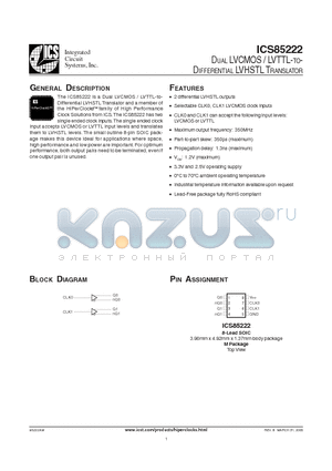 ICS85222AMT datasheet - DUAL LVCMOS / LVTTL-TO DIFFERENTIAL LVHSTL TRANSLATOR