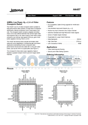 HA457 datasheet - 95MHz, Low Power, AV = 2, 8 x 8 Video Crosspoint Switch