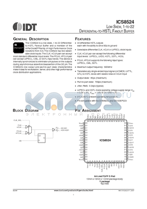 ICS8524 datasheet - LOW SKEW, 1-TO-22 DIFFERENTIAL-TO-HSTL FANOUT BUFFER