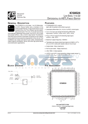 ICS8524AYT datasheet - LOW SKEW, 1-TO-22 DIFFERENTIAL-TO-HSTL FANOUT BUFFER