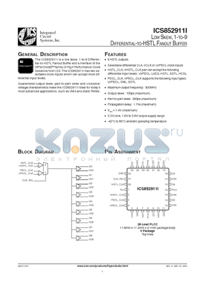 ICS852911I datasheet - LOW SKEW, 1-TO-9 DIFFERENTIAL-TO-HSTL FANOUT BUFFER