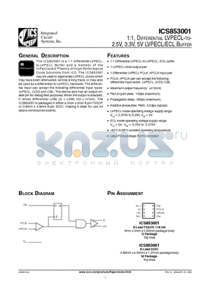 ICS853001 datasheet - 1:1, DIFFERENTIAL LVPECL-TO-2.5V, 3.3V, 5V LVPECL/ECL BUFFER