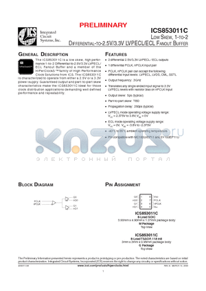 ICS853011CMT datasheet - LOW SKEW, 1-TO-2 DIFFERENTIAL-TO-2.5V/3.3V LVPECL/ECL FANOUT BUFFER