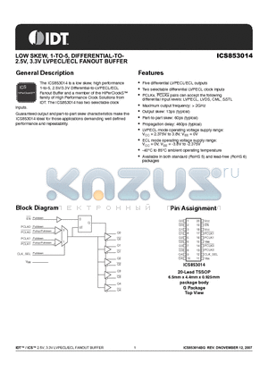 ICS853014 datasheet - LOW SKEW, 1-TO-5, DIFFERENTIAL-TO- 2.5V, 3.3V LVPECL/ECL FANOUT BUFFER