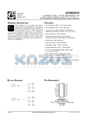 ICS853013AMLF datasheet - LOW SKEW, DUAL, 1-TO-3, DIFFERENTIAL-TO-2.5V/3.3V/5V LVPECL/ECL FANOUT BUFFER