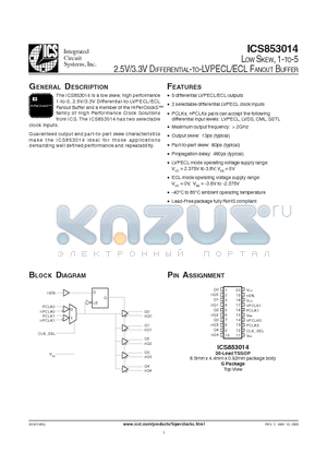 ICS853014BG datasheet - LOW SKEW, 1-TO-5 2.5V/3.3V DIFFERENTIAL-TO-LVPECL/ECL FANOUT BUFFER