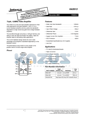 HA5013_04 datasheet - Triple, 125MHz Video Amplifier