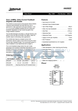 HA5022EVAL datasheet - Dual, 125MHz, Video Current Feedback Amplifier with Disable