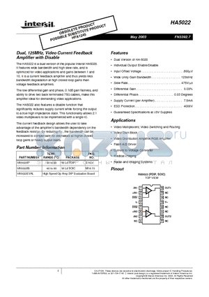 HA5022IP datasheet - Dual, 125MHz, Video Current Feedback Amplifier with Disable