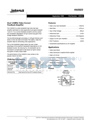 HA5023 datasheet - Dual 125MHz Video Current Feedback Amplifier