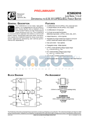 ICS853016AG datasheet - LOW SKEW, 1-TO-2 DIFFERENTIAL-TO-3.3V, 5V LVPECL/ECL FANOUT BUFFER