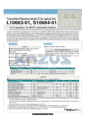 L10663-01 datasheet - Transmitter/Receiver photo IC for optical link 3.3 V operation, for MOST automotive network