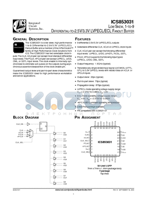 ICS853031 datasheet - LOW SKEW, 1-TO-9 DIFFERENTIAL-TO-2.5V/3.3V LVPECL/ECL FANOUT BUFFER