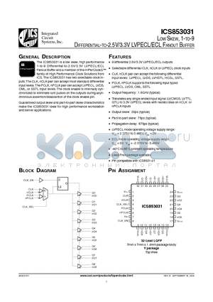 ICS853031AY datasheet - LOW SKEW, 1-TO-9 DIFFERENTIAL-TO-2.5V/3.3V LVPECL/ECL FANOUT BUFFER