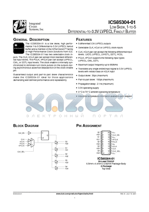 ICS85304AG-01T datasheet - LOW SKEW, 1-TO-5 DIFFERENTIAL-TO-3.3V LVPECL FANOUT BUFFER