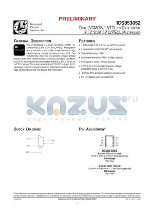 ICS853052 datasheet - DUAL LVCMOS / LVTTL-TO-DIFFERENTIAL 2.5V, 3.3V, 5V LVPECL MULTIPLEXER