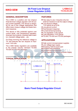 L1084-3.3 datasheet - 5A Fixed Low Dropout Linear Regulator (LDO)