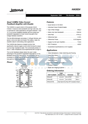 HA5024IP datasheet - Quad 125MHz Video Current Feedback Amplifier with Disable