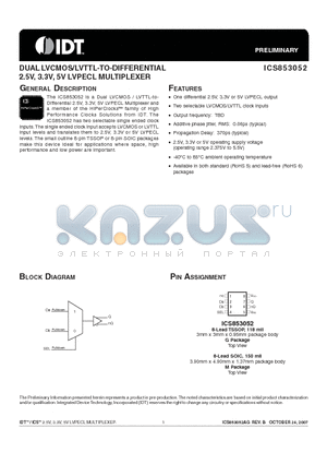 ICS853052AM datasheet - DUAL LVCMOS/LVTTL-TO-DIFFERENTIAL 2.5V, 3.3V, 5V LVPECL MULTIPLEXER