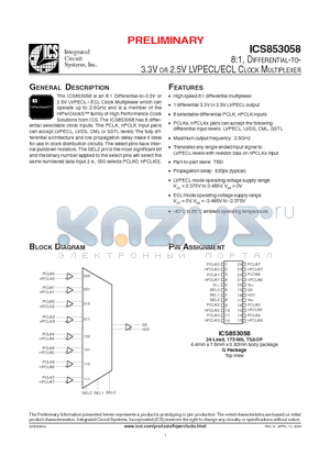 ICS853058AG datasheet - 8:1, DIFFERENTIAL-TO-3.3V OR 2.5V LVPECL/ECL CLOCK MULTIPLEXER