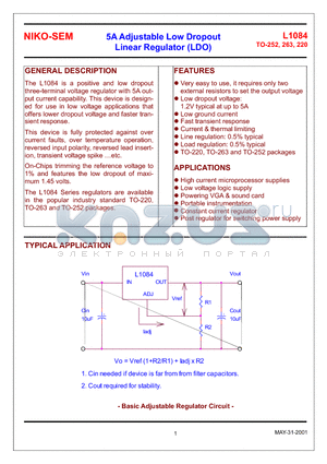 L1084S3 datasheet - 5A Adjustable Low Dropout Linear Regulator (LDO)