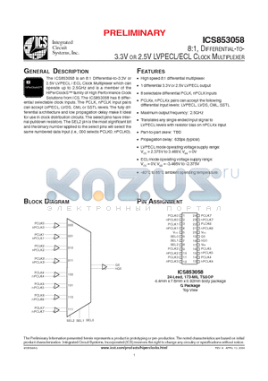 ICS853058AGT datasheet - 8:1, DIFFERENTIAL-TO-3.3V OR 2.5V LVPECL/ECL CLOCK MULTIPLEXER